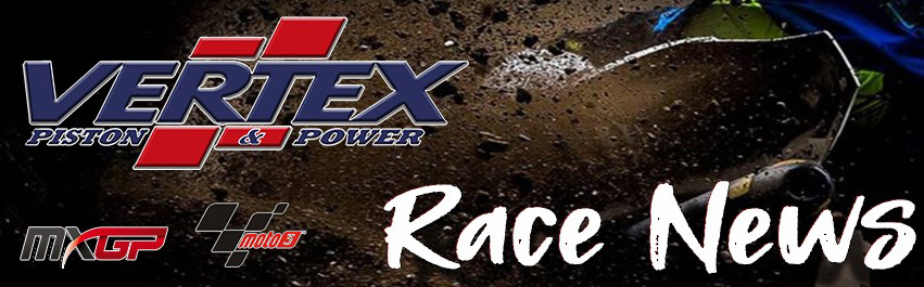 Immagine di copertina Race News con logo Vertex Piston & Power e loghi MXGP e Moto3 su sfondo moto off-road in azione