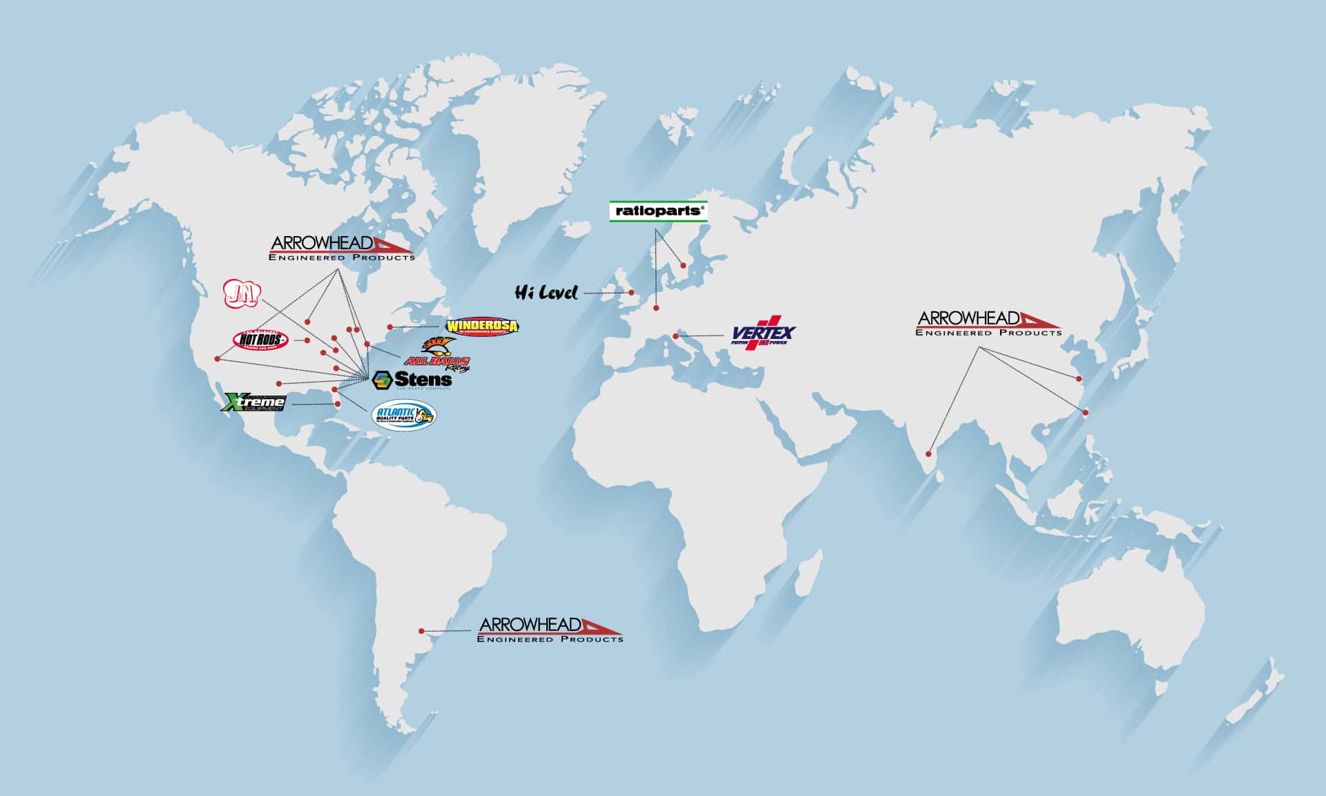 Mappa del mondo con le sedi e i marchi del gruppo Arrowhead Engineered Products in Nord America, Europa e Asia
