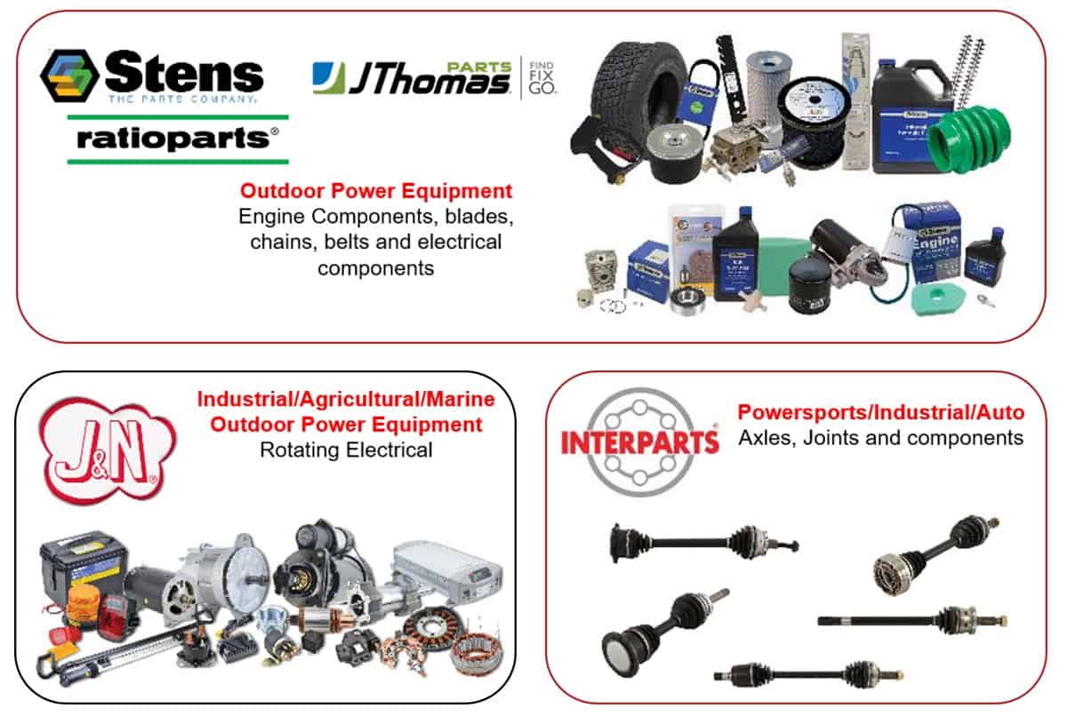 Marchi Stens, JThomas, Ratioparts, J&N e Interparts con componenti per attrezzature da esterno, elettrici rotanti, assi e giunti per settori agricolo, industriale, marino e powersports