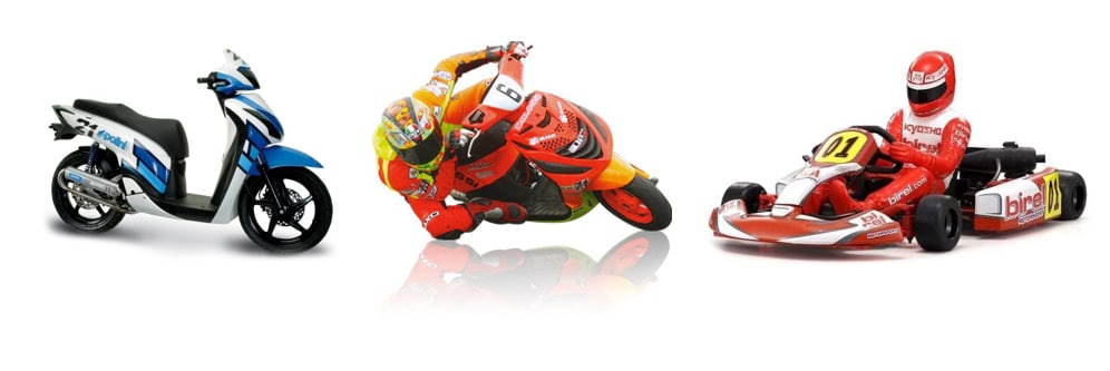 Scooter urbano, moto da corsa sportiva e go-kart da competizione su sfondo bianco