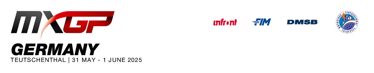 Logo del Gran Premio di Germania MXGP 2025 a Teutschenthal con date 31 maggio - 1 giugno e loghi ufficiali FIM, Infront, DMSB e MSC Teutschenthal