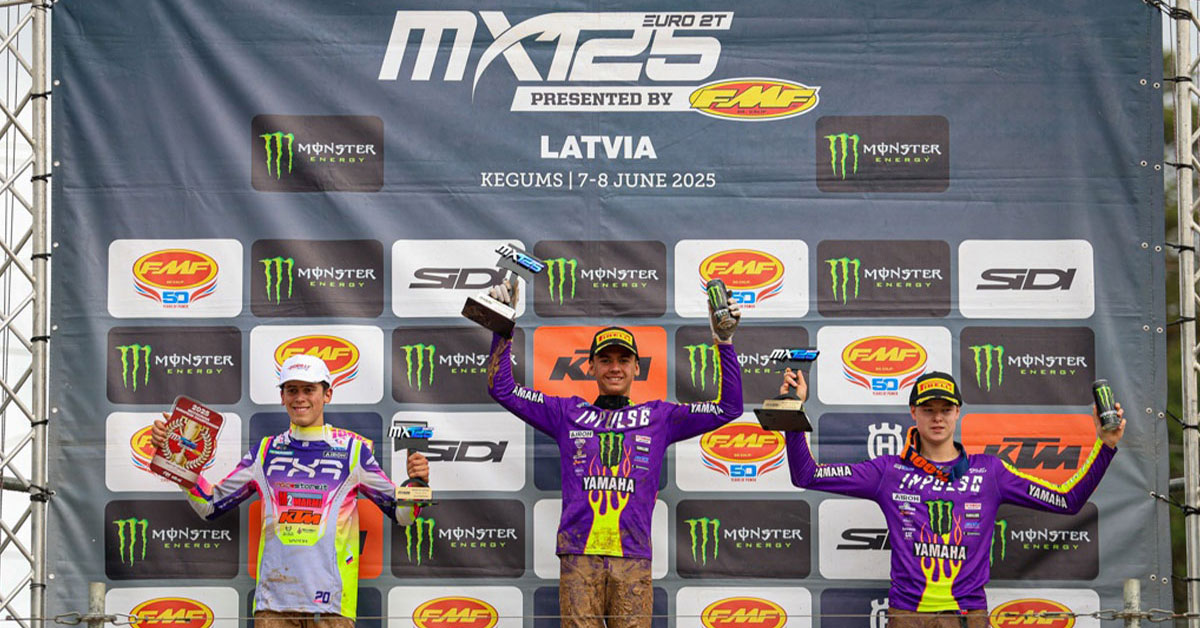 Podio EMX125 MXGP Lettonia 2025 a Kegums con i tre vincitori Yamaha