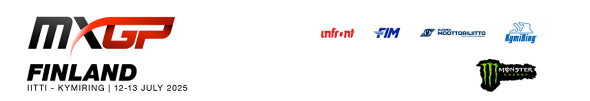 Banner ufficiale del MXGP Finlandia 2025 con loghi degli organizzatori e sponsor, evento al KymiRing il 12-13 luglio 2025