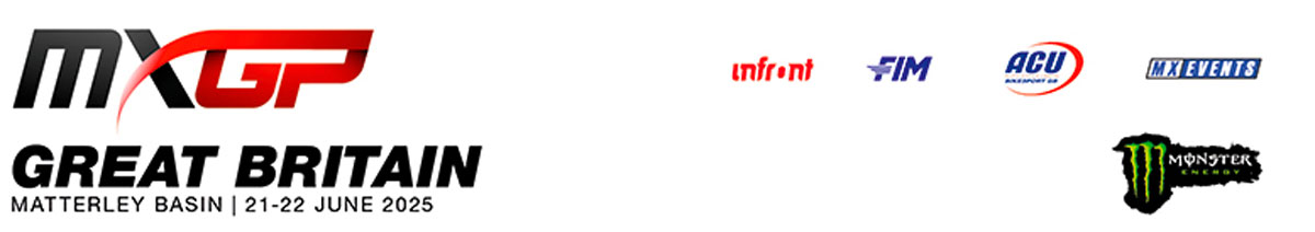 Logo ufficiale MXGP Great Britain 2025 con date 21-22 giugno e i partner FIM, Infront, ACU, MX Events e Monster Energy