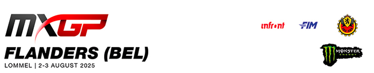 Banner ufficiale MXGP Flanders 2025 a Lommel, Belgio – 2-3 agosto, con loghi FIM, Monster Energy e federazione belga.